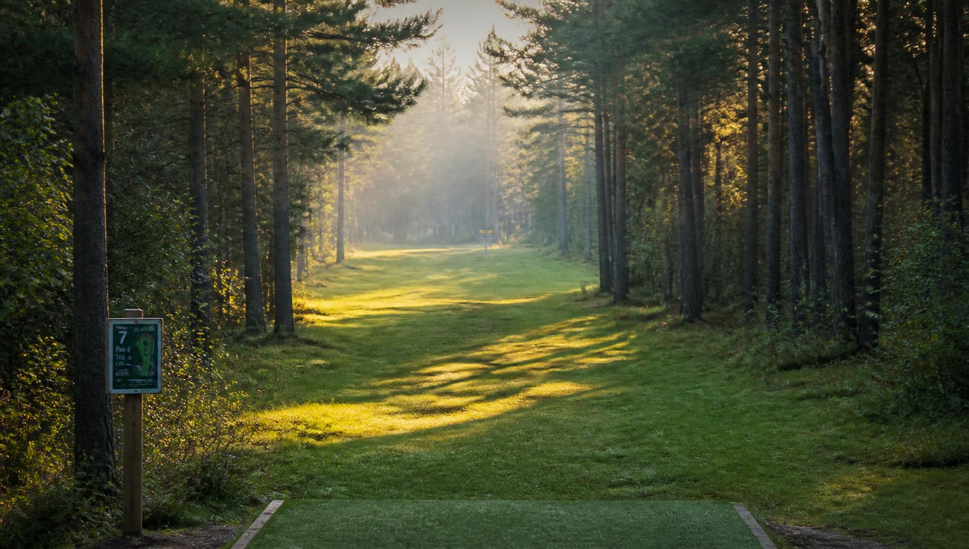 Discgolfbana i skogen, soluppgång över fairway